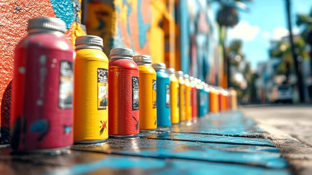 Colorful spray paint cans lined up on a vibrant street with murals and palm trees in the background
