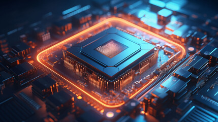 Abstract CPU chip, cyberpunk style, dark shadows and bright highlights