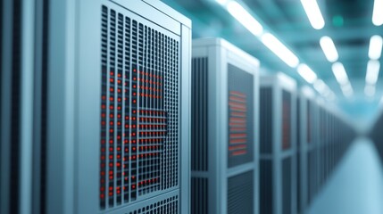 Obraz premium A row of modern server racks with glowing red lights in a brightly lit data center, representing advanced technology and digital infrastructure.