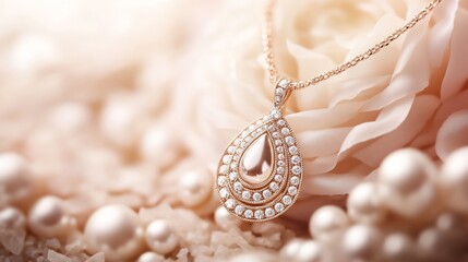 Elegant Rose Gold Diamond Pendant Necklace on Pearl Background