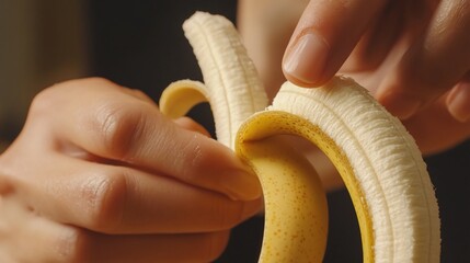 Close-up of Hands Peeling a Ripe Banana