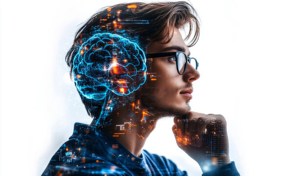  artificial intelligence concept with double exposure on a white background. 