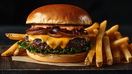 Gourmet Cheeseburger brioche bun aged cheddar caramelized onions special sauce hand cut fries craft brewery setting wide angle food photography