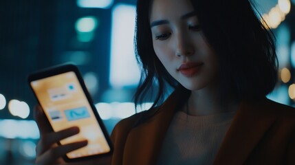 Woman Using Smartphone in Vibrant City Nightscape