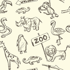 Zoo hand drawn doodle seamless pattern. Isolated elements on white background. Symbol collection.