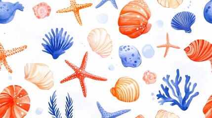 Vibrant Watercolor Seashells and Starfish Seamless Pattern
