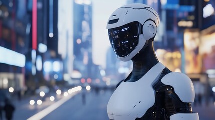 Futuristic Robot in Neon Cityscape at Night