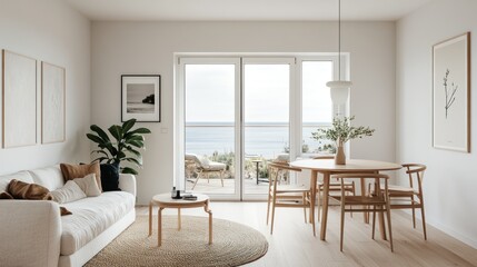 Fototapeta premium Coastal living room with natural tones and an ocean view.
