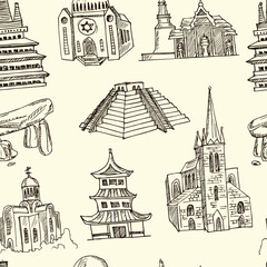 Temple hand drawn doodle seamless pattern. Isolated elements on white background. Symbol collection.
