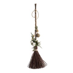 Rustic Witch's Broom Adorned with Elegant White Roses and Golden Ornaments