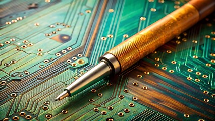 Elegant metal pen resting on a green circuit board technology concept