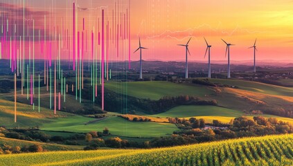 Sunrise over a wind farm, overlayed with financial data, showcasing sustainable energy and investment potential.  Green fields,  wind turbines,  and  colorful financial indicators