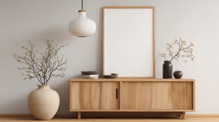 Ultra quality image of modern minimalistic home decor featuring a vase, pendant light, and wooden sideboard with empty frame for wall art mockup. Japandi interior.