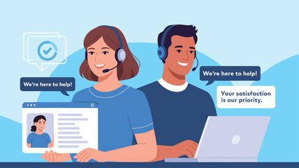 female and male customer service operators wearing headsets talking with clients and helping solve problems, flat vector illustration