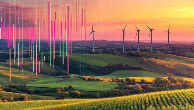 Sunrise over a wind farm, overlayed with financial data, showcasing sustainable energy and investment potential.  Green fields,  wind turbines,  and  colorful financial indicators