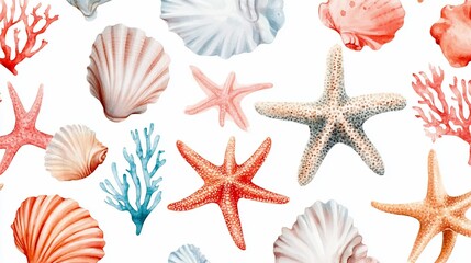 Watercolor Seashells Starfish and Coral Seamless Pattern