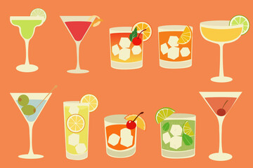 Flat vector illustration of cocktails. Hand drawn alcoholic beverage icons. Summer party drink 
clipart for bar menu, invitations.