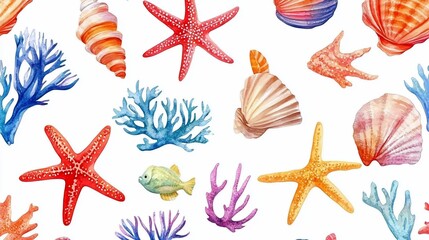 Vibrant Watercolor Seashells, Starfish, and Coral Reef Seamless Pattern