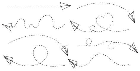 Paper Plane Path Icons – Dotted Line Flying Paper Airplane Vectors
