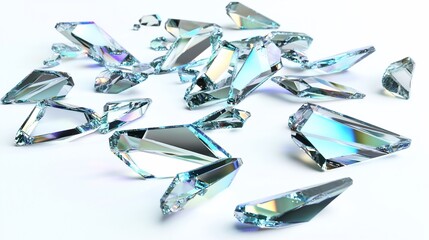 Shattered Crystal Fragments: Iridescent Glass Shards on White