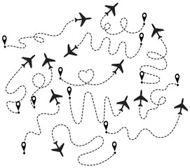 Airplane Flight Path Vector Background – Dotted Travel Route Icons
