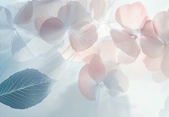 Delicate pastel hydrangea petals and leaves on a light, ethereal background. Soft, muted colors of pink and blue