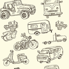 Motor hand drawn doodle seamless pattern. Vector illustration. Isolated elements on white background. Symbol collection.