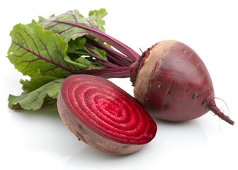 Fresh Red Beetroot and Half-Cut Beet with Leaves Isolated on White. Healthy Organic Vegetable.