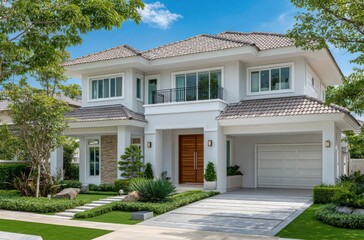 Fototapeta premium Modern house with a garden in front, a photo of a beautiful modern family home exterior with plants and trees in the background