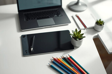 Minimalist designer desk. Graphics tablet with stylus. Slim laptop. Colored pencils