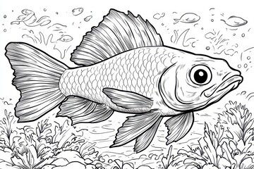 Fototapeta premium Detailed Line Drawing of a Fish in an Underwater Scene Coloring Page