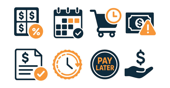 Two-Color vector icons of buy now pay later: installment plan, credit approval, shopping cart with clock, delayed payment. Billing notice, payment schedule, pay later badge, financing option.