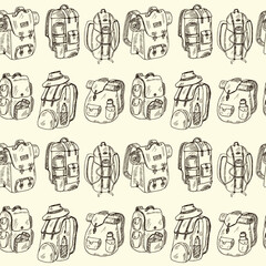 Camping backpack hand drawn doodle seamless pattern. Vector illustration. Isolated elements on white background. Symbol collection.