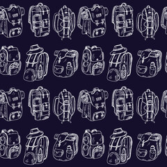 Camping backpack hand drawn doodle seamless pattern. Vector illustration. Isolated elements on white background. Symbol collection.