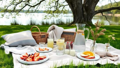 Fototapeta premium Modern cozy picnic in Scandinavian style, without people. Soft neutral-toned blanket with linen and cotton pillows. Wooden accents include a light wooden foldable table, serving trays, and a rustic wo