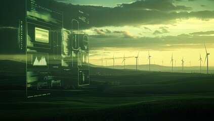 Green energy data overlay on a wind farm landscape at sunset.  Interactive interface displays various metrics, charts, and information