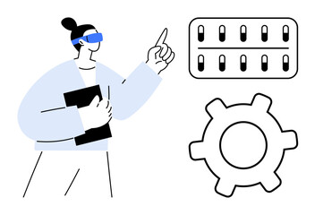 Person wearing VR headset points at a digital control panel while holding a clipboard gear symbolizes process optimization. Ideal for technology, innovation, automation, training, workflow, systems