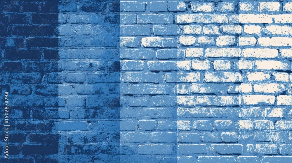 Poster brick texture transitioning into blueprint design with a central fade effect in various shades of bl