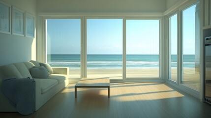 Fototapeta premium Coastal living room with ocean view.