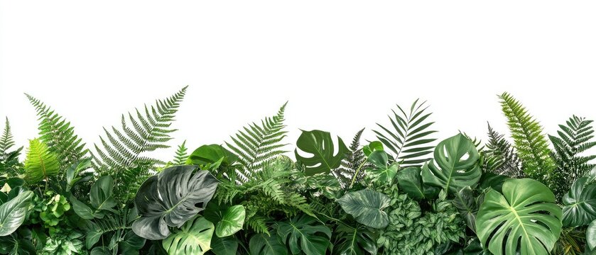 Lush greenery border of various tropical plants. Lush foliage, diverse leaf shapes and textures, create a vibrant, natural border against a plain background - Powered by Adobe