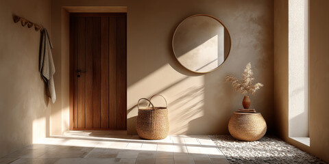 Sunlit indoor entrance with log style mocha tones