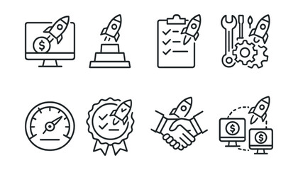 Line style icons of token launches: launchpad platform comparison, platform tier list, token launch checklist, IDO preparation toolkit, project launch readiness meter, community checklist badge,