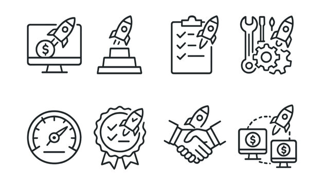 Line style icons of token launches: launchpad platform comparison, platform tier list, token launch checklist, IDO preparation toolkit, project launch readiness meter, community checklist badge,