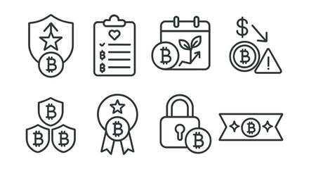 Line style icons of crypto staking: staking level-up badge, loyalty rewards tracker, long-term staking bonus, early withdrawal penalty icon, staking tier list, premium staker badge, exclusive staking