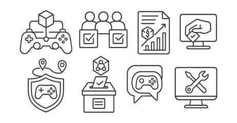 Line style icons of blockchain gaming: decentralized game governance, player council voting icon, proposal to update economy, rule change ballot, DAO-based patch decision, player-led roadmap badge,