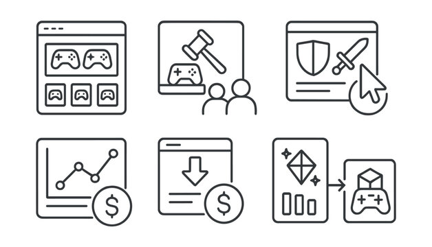 Line style icons of blockchain gaming: marketplace for game NFTs, in-game auction icon, sell item button, buy gear screen, item price history, floor price tracker, item rarity tier, cross-game NFT