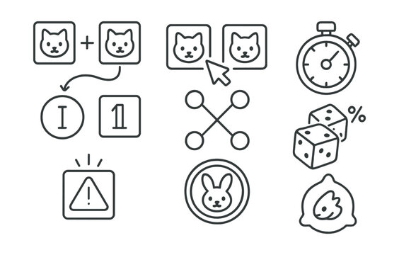 Line style icons of blockchain gaming: breeding system for NFTs, parent NFT selector, breed cooldown meter, generation label icon, trait combination chart, breeding success chance icon, mutation