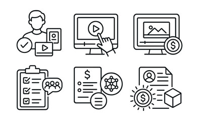 Line style icons of Web3 streaming: creator onboarding guide, Web3 streaming tutorial, video minting walkthrough, community setup checklist, DAO funding guide for streamers, monetization tips badge,