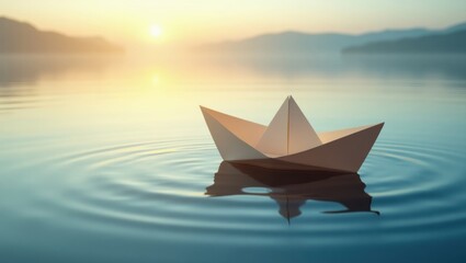 Obraz premium Barco de papel hecho a mano flota serenamente en un lago tranquilo