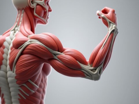 Ilustraci&oacute;n anat&oacute;mica en 3D muy detallada de un brazo humano flexionado con m&uacute;sculos y tendones